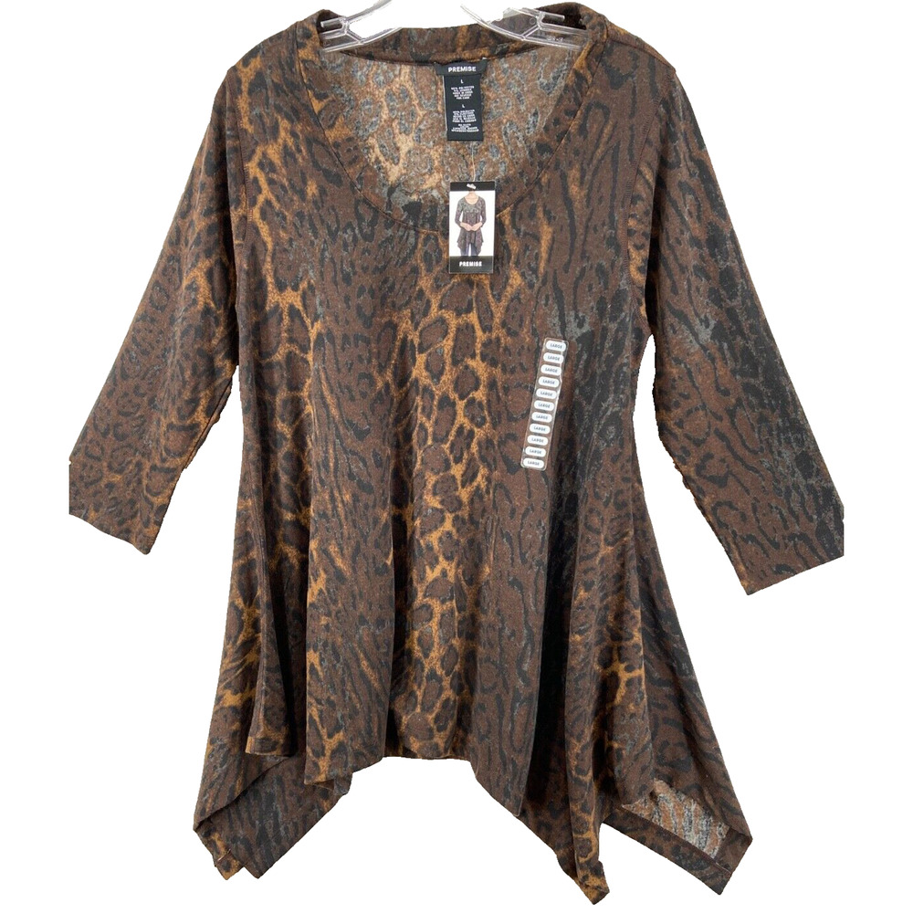 NWT Premise Sweater Womens Sz Large Brown Animal Print 3/4 Sleeve Shark Bite Hem
